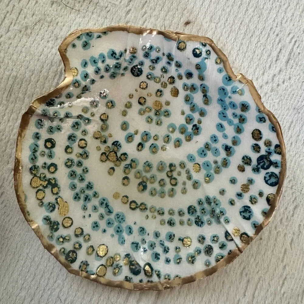 Handmade Decoupage Scallop Shell Trinket Dish Blue, Green Gold Dots - Picture 6 of 9
